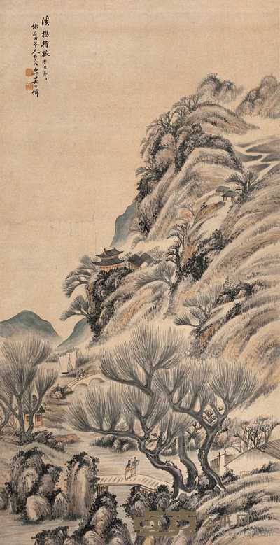 吴石僊 1913年作 溪桥行旅 立轴 128×65.5cm